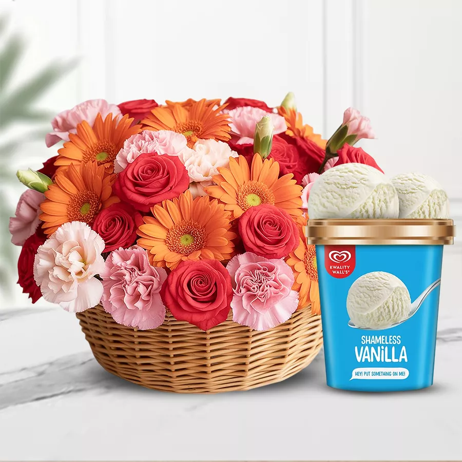 Kwality Walls Vanilla Ice Cream paired with a mixed flower arrangement.