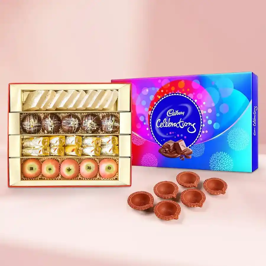 Delightful Diwali Sweet Surprise with Cadbury, assorted sweets, and diyas.