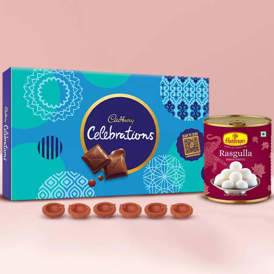 Overloaded Diwali Treats with Cadbury chocolates, Haldiram Rasgulla, and six decorative diyas for festive celebrations.