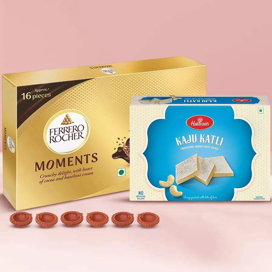 Sweet Diwali Vibes Combo including chocolates, Kaju Katli, and glowing diyas for festive celebrations.