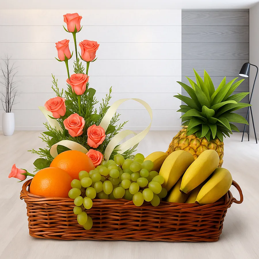 Beautiful basket featuring one dozen pink roses and fresh fruits, perfect for Mother's Day gifting.