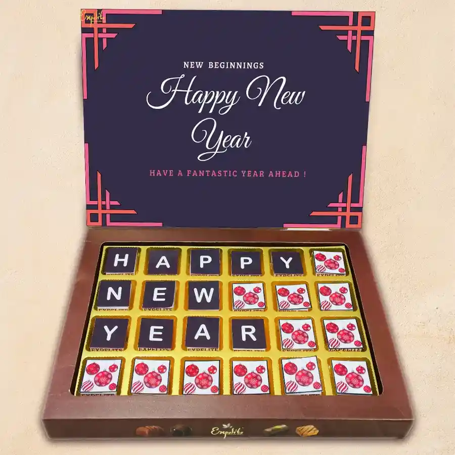 Rich N Creamy New Years Chocolates Box featuring 24 handcrafted chocolates in festive packaging