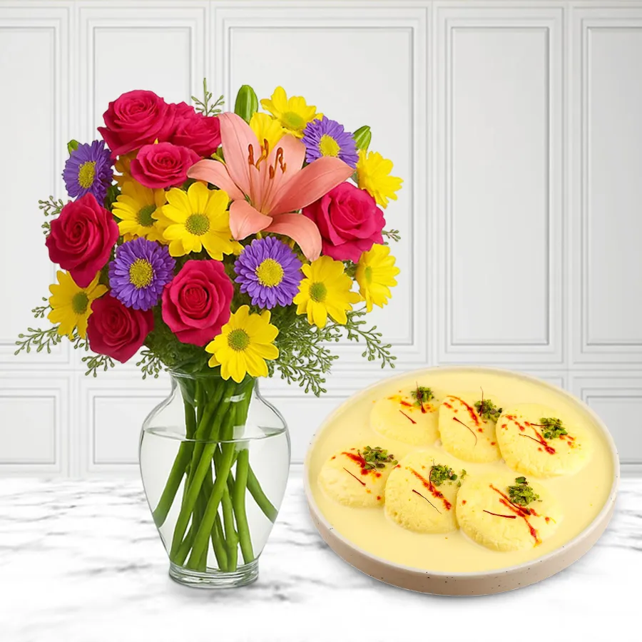 Award-Winning Rasmalai Medium with Mixed Flower Arrangement, perfect for celebrations in Mumbai.