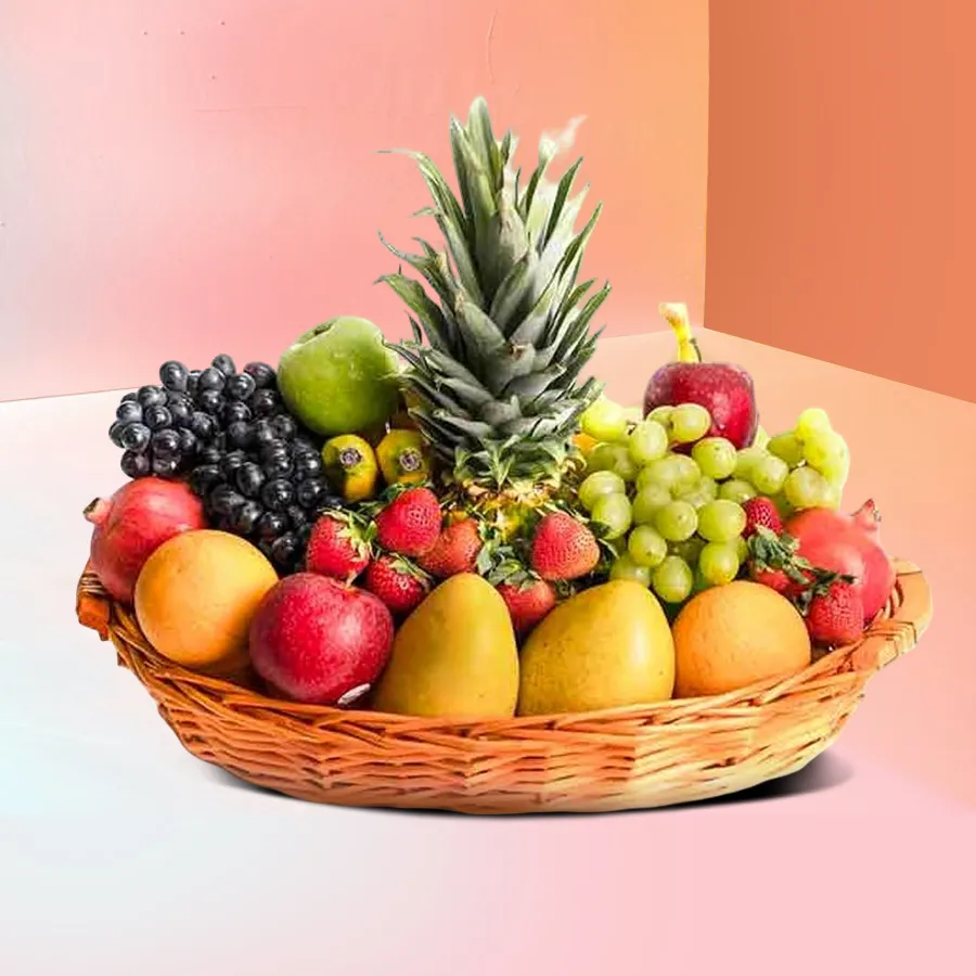 An enticing 2 kg fruit basket filled with bananas, pineapple, oranges, grapes, and apples, radiating freshness and delight.