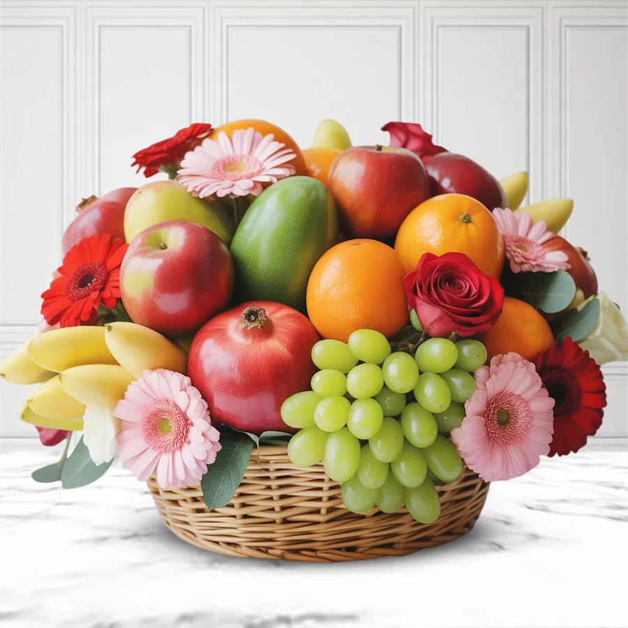 A gift basket filled with 3 kg of mixed fruits and 15 assorted flowers, celebrating motherhood on Mother's Day.