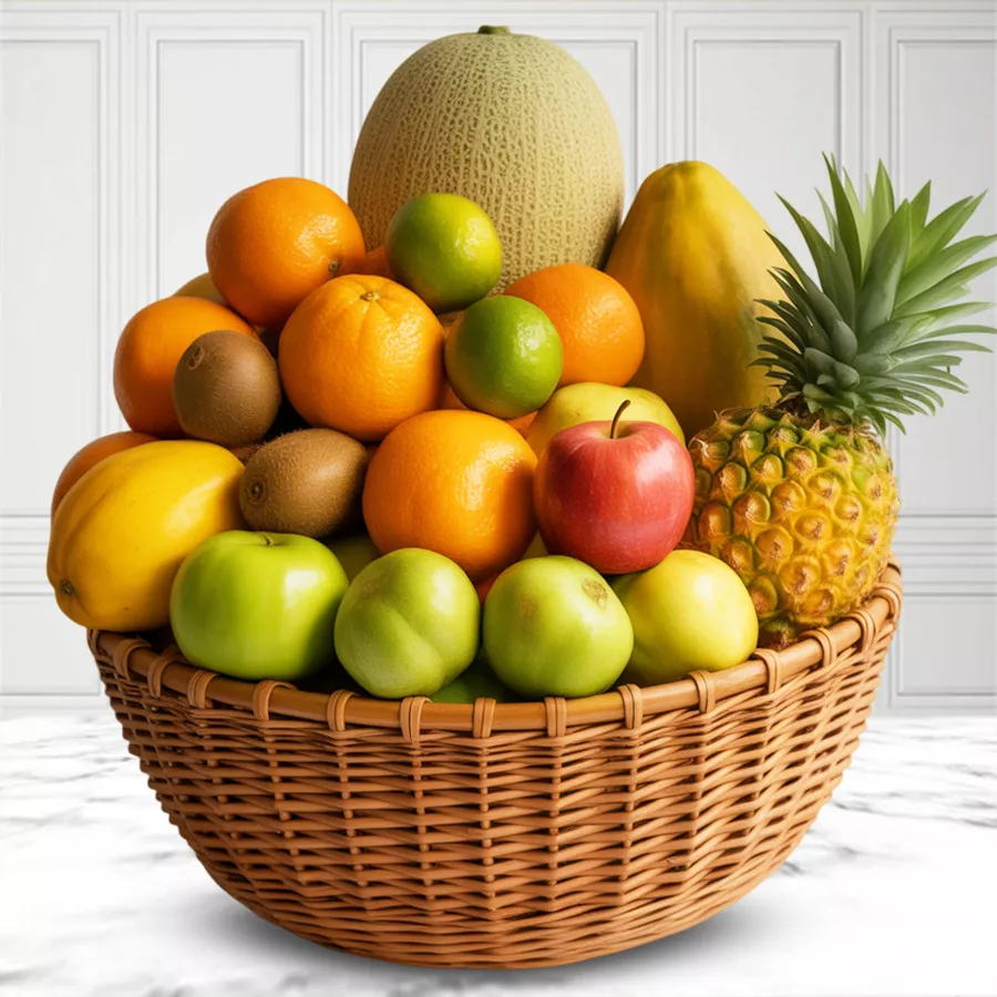 A beautifully arranged basket filled with fresh fruits like Musk Melon, apples, and pineapple, ideal for gifting on Mother's Day.