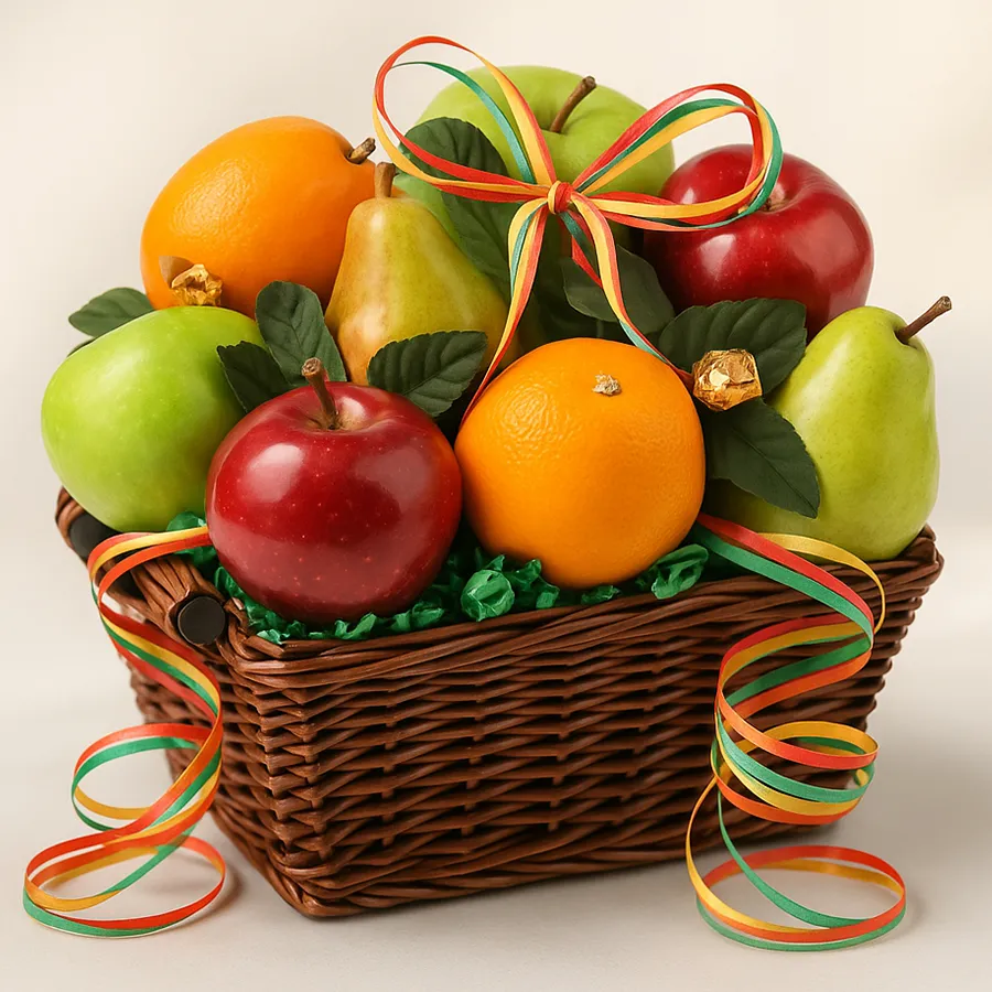 A vibrant 5kg Seasonal Fresh Fruits Basket filled with handpicked seasonal fruits, showcasing nature's bounty in a beautiful arrangement.