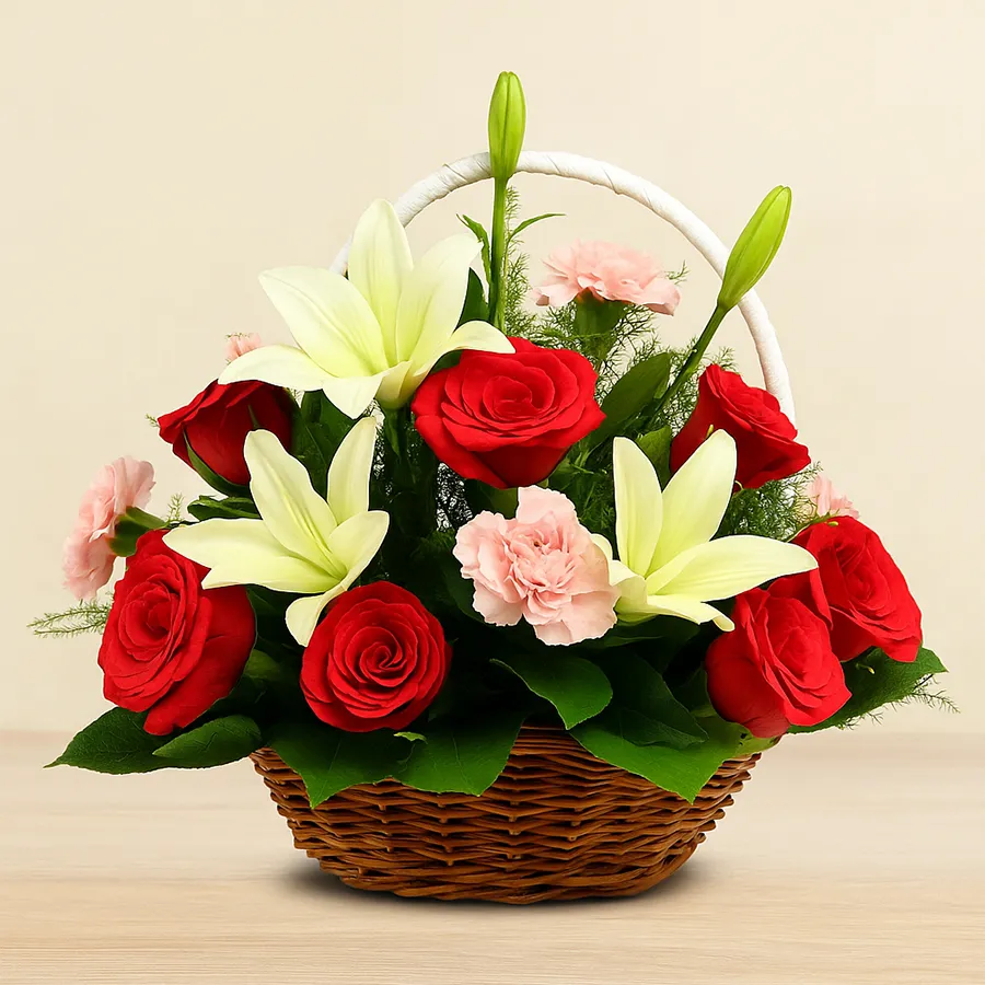 A vibrant floral basket featuring white lilies, red roses, and pink carnations, perfect for celebrating special occasions.