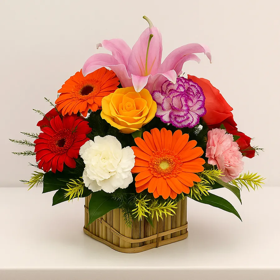 A vibrant Colorful Harmony Flower Basket featuring assorted blooms including gerberas, carnations, roses, and lilies, perfect for special occasions.