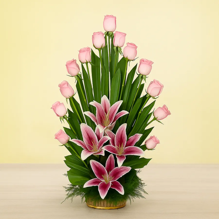 A beautiful basket arrangement with 25 pink roses and 3 pink lilies, showcasing elegance and affection in every bloom.