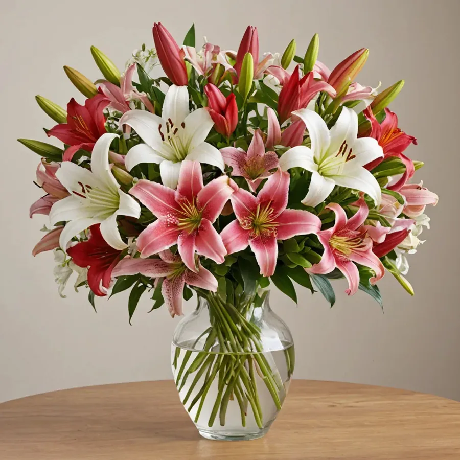 A stunning vase filled with 18 pink, red, and white lilies, ideal for celebrating special occasions.