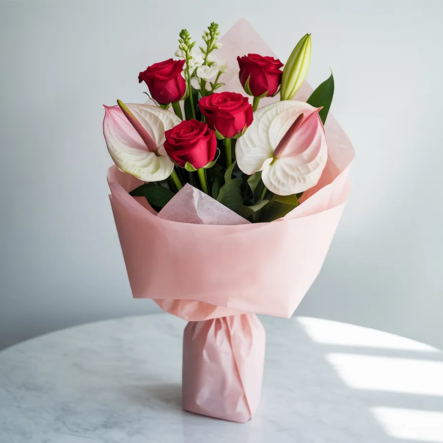 Beautiful Flower Bouquet Wrap with pink roses, anthoriums, and lilies.