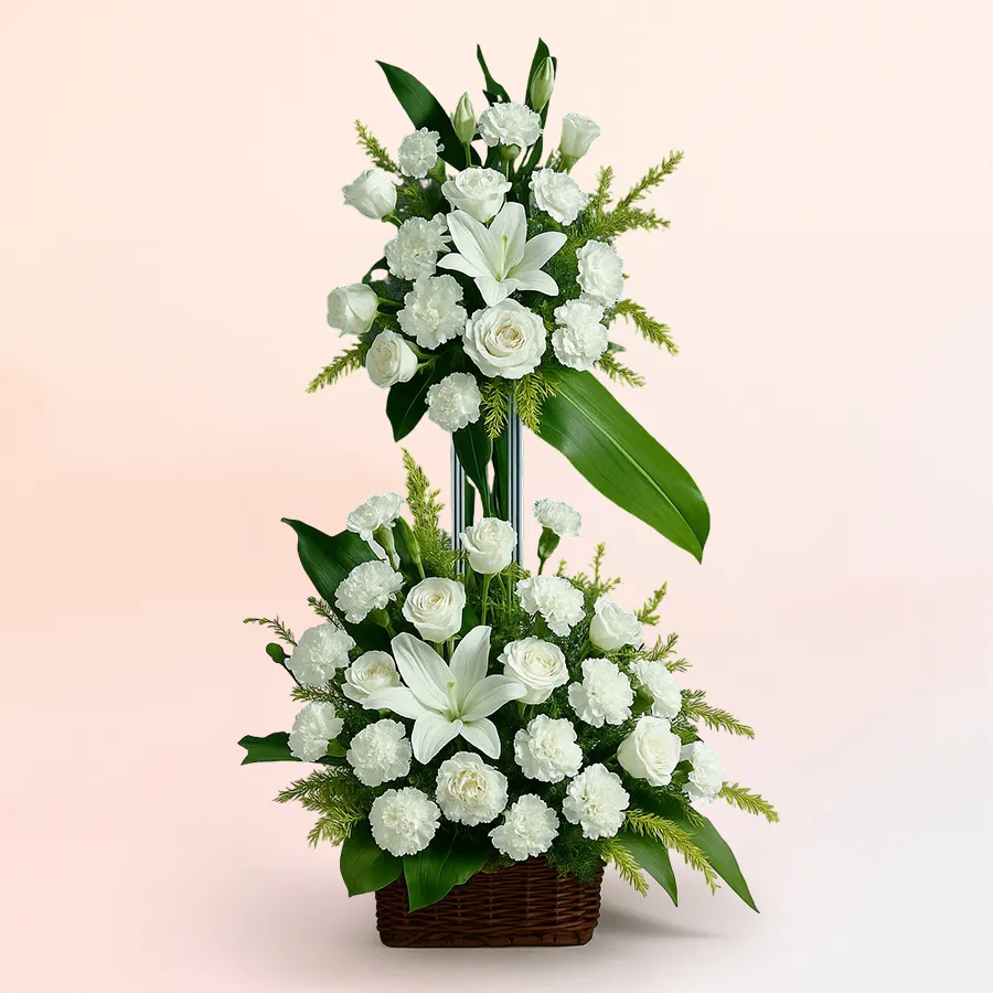 Long arrangement of white flowers including roses, carnations, and lilies, ideal for weddings and special occasions.