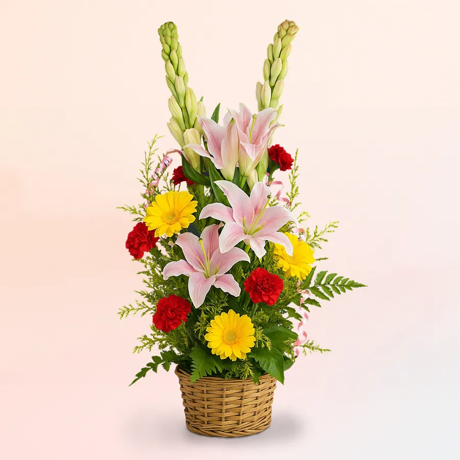 Serene Oriental Floral Basket with assorted flowers including lilies, carnations, and gerberas, ideal for special occasions.