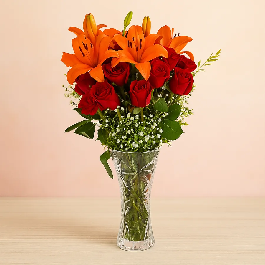 Vivid Floral Harmony arrangement featuring 33 flowers in vibrant red and orange, perfect for special occasions.