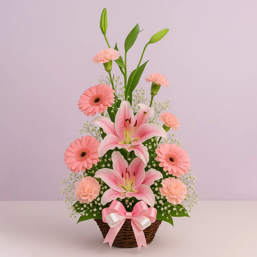 Beautiful Love n Lust Pink and Peach Flowers Basket featuring lilies, carnations, and gerberas, ideal for weddings and special occasions.
