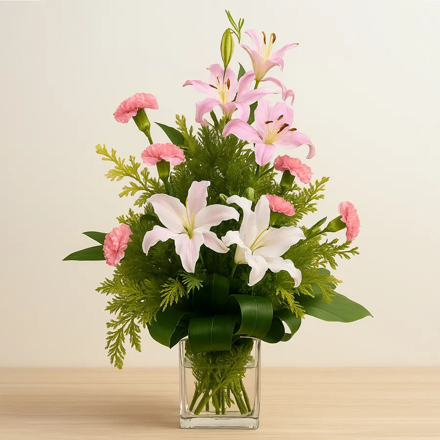 A charming flower basket featuring pink and white lilies and carnations, topped with a large decorative ribbon.