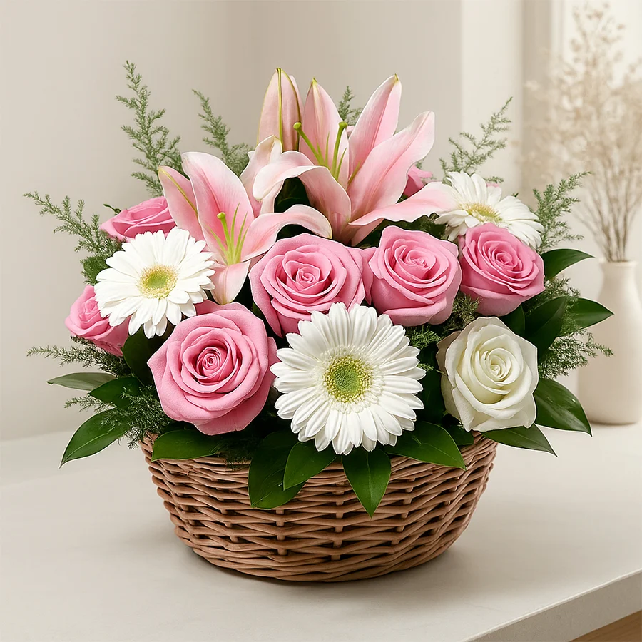 A vibrant mixed flower basket gift featuring 20 beautiful blooms, ideal for joyful occasions and cherished moments.