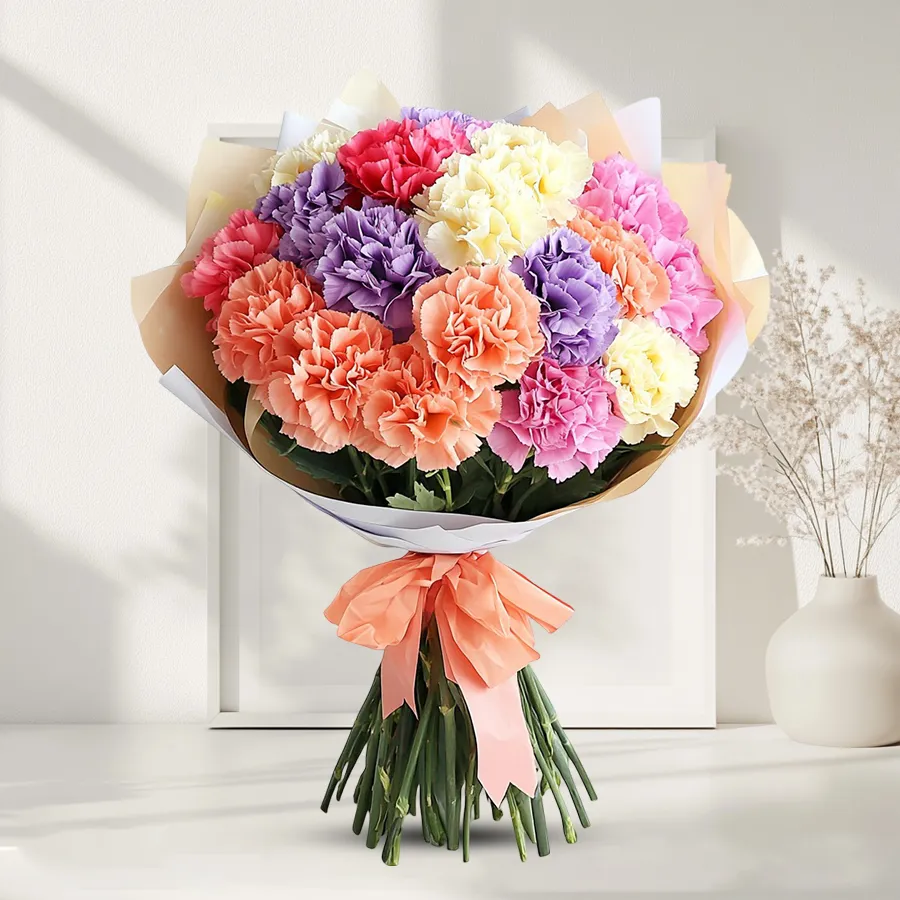 A vibrant bouquet featuring 25 colorful carnations, perfect for gifting and brightening someone's day.