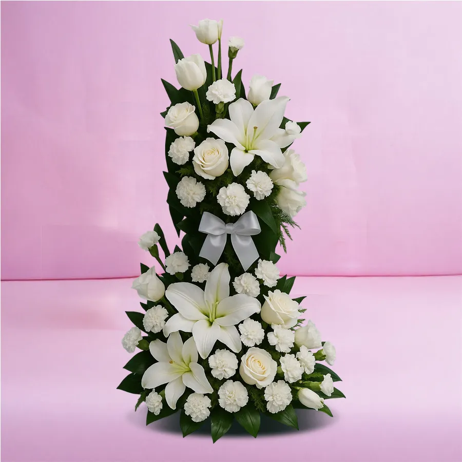 Tall arrangement of 50 white flowers, featuring Roses, Carnations, and Lilies with long stems.
