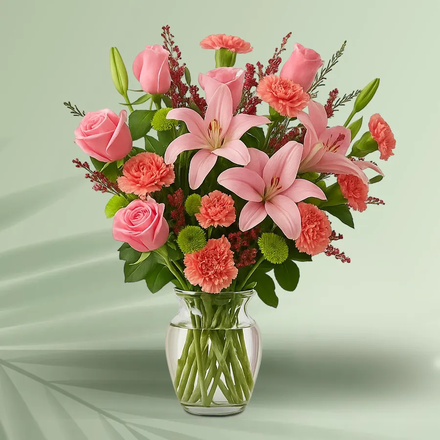 Elegant floral arrangement featuring Lilies, Roses, and Carnations, perfect for enhancing celebrations and creating a sophisticated atmosphere.