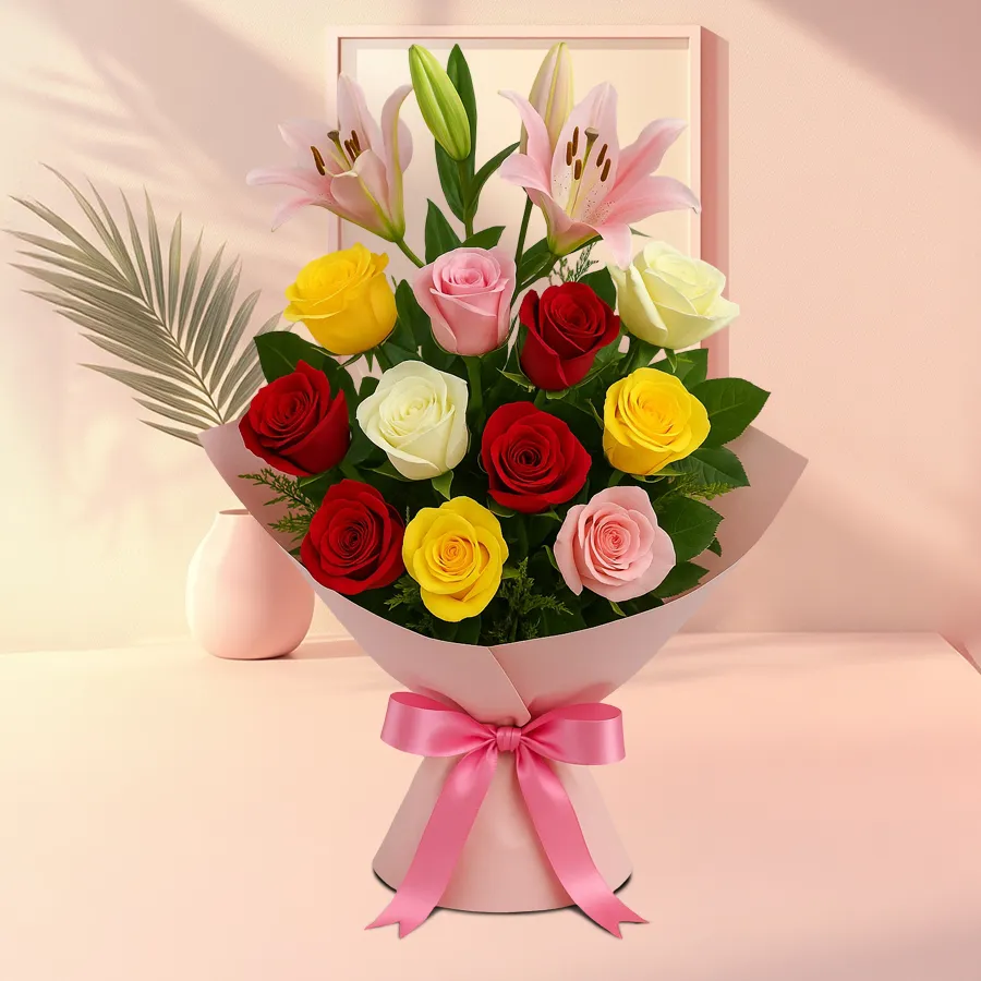 A vibrant bouquet featuring red, pink, white, and yellow roses along with pink lilies, beautifully arranged for gifting.