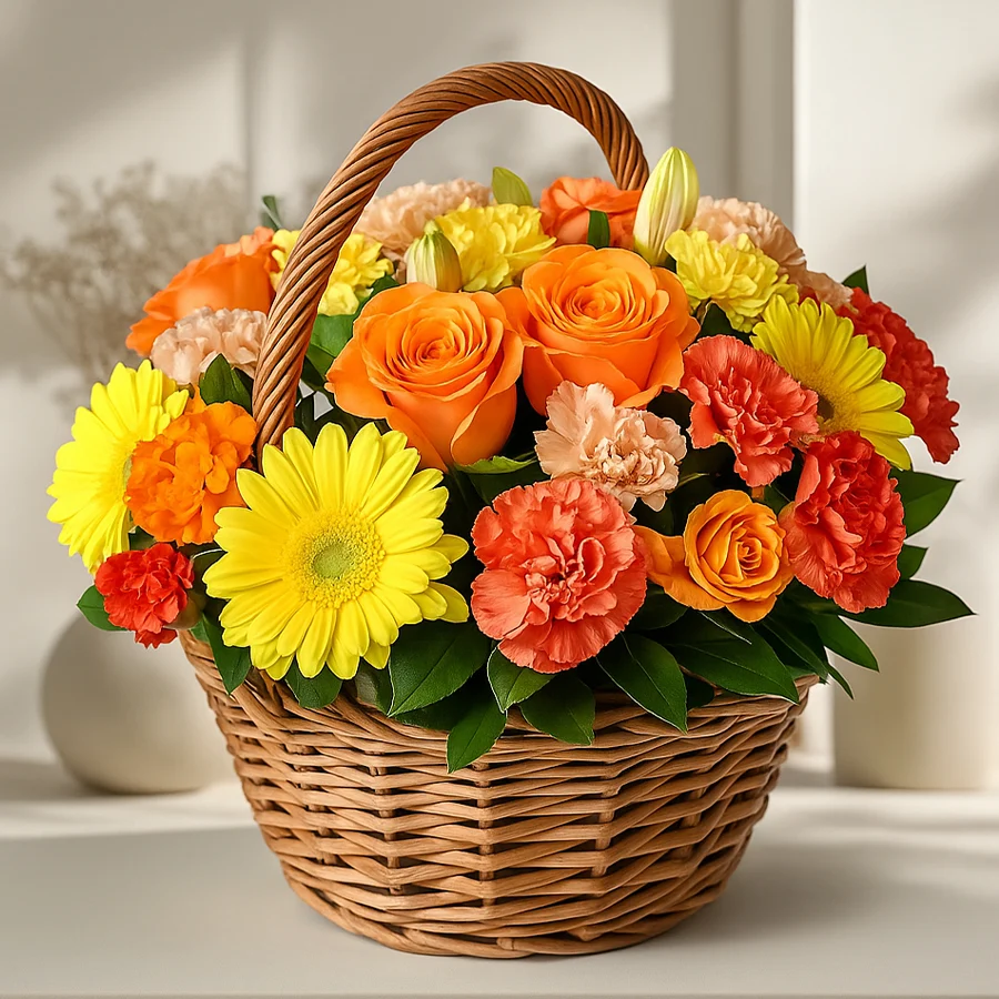 Exquisite floral harmony basket with 15 colorful flowers, including roses, carnations, and gerberas, perfect for expressing love.