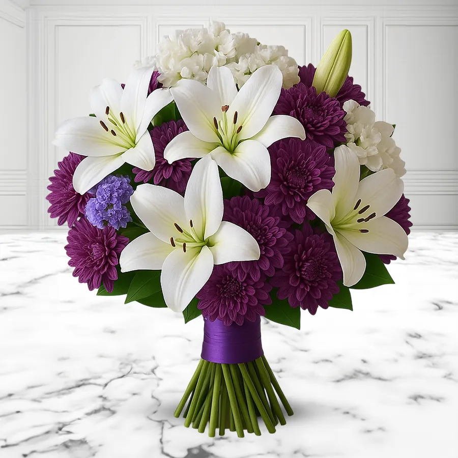 Ethereal bouquet featuring 12 white Asiatic lilies and purple chrysanthemums, perfect for special occasions or heartfelt gestures.