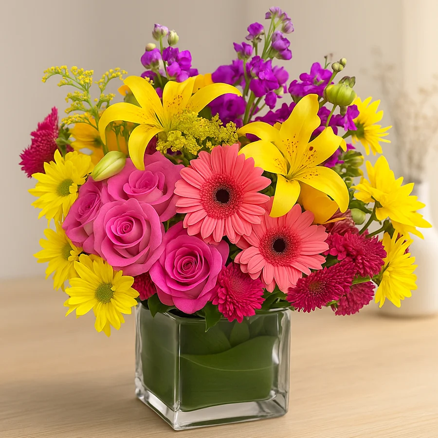 Stunning arrangement of 20 mixed seasonal flowers in a glass vase.