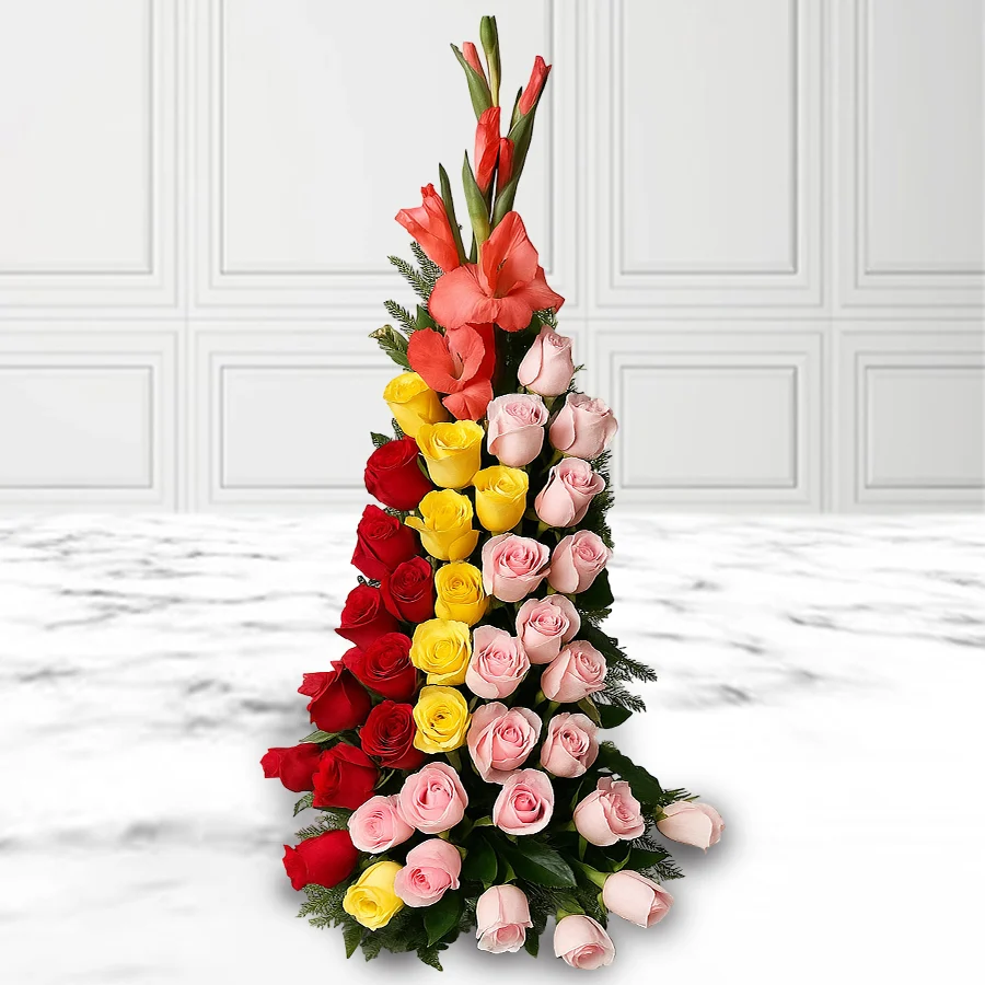 Artistic tall arrangement featuring 60 assorted roses and gladiolus flowers, designed to convey heartfelt sentiments.