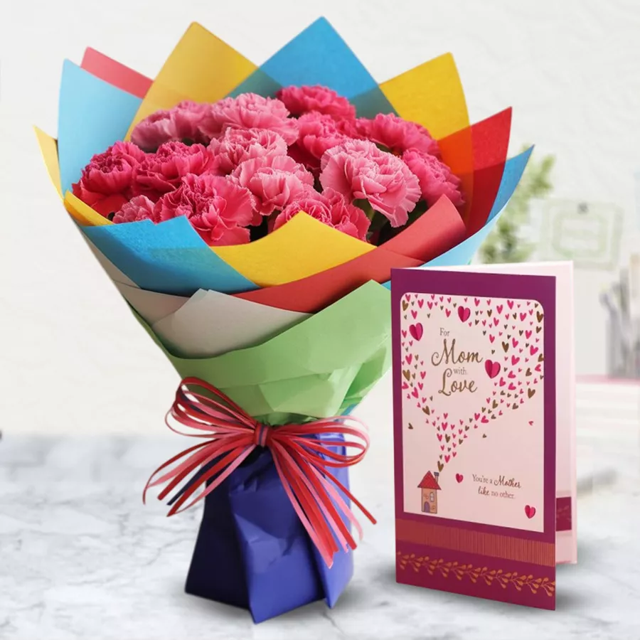Fashionable Pink Carnation Bouquet with Tri Colour Wrap and Card