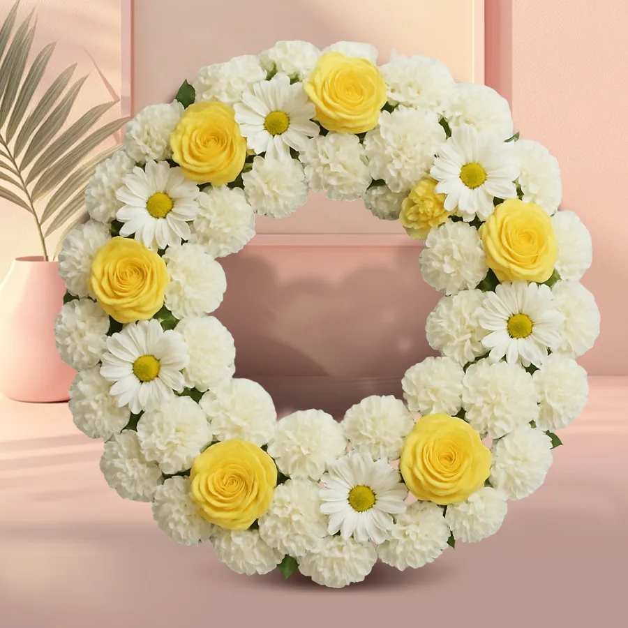 Serene Fresh White N Yellow Flowers Wreath for remembrance.