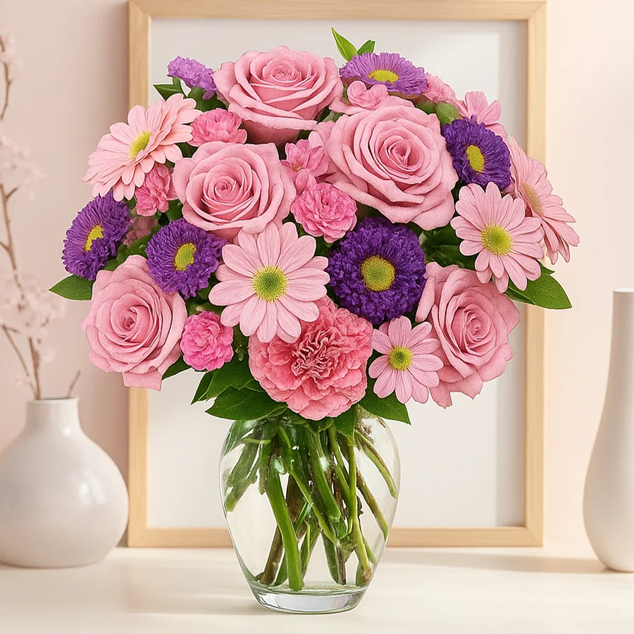 A beautiful floral arrangement of pink roses, carnations, and gerberas in a glass vase, perfect for expressing love and affection.