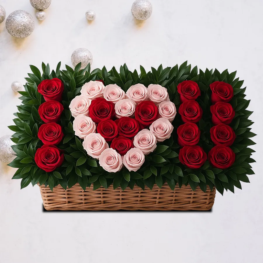 Romantic arrangement of 20 red roses and 15 pink roses in a beautiful display.