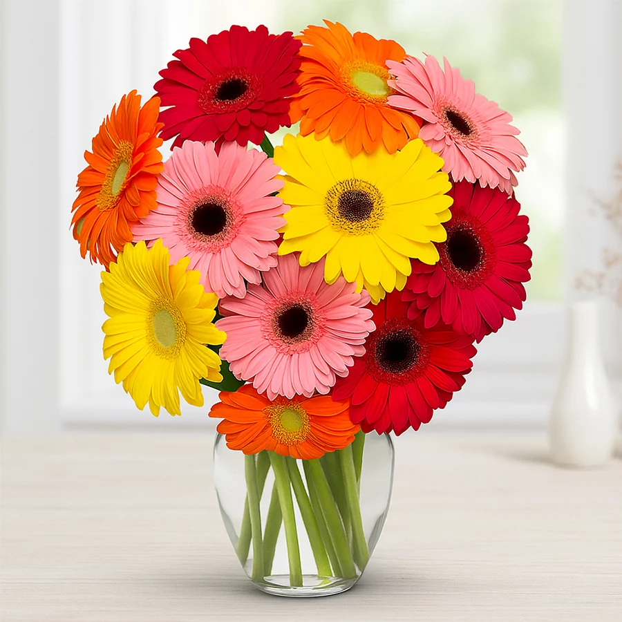 Seven mixed gerberas arranged in a stylish glass vase, perfect for gifting or decor.