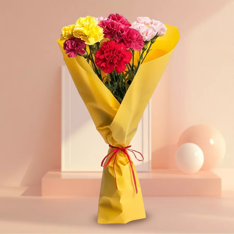 Cheerful long-stem mixed carnations arranged in a vibrant bouquet.