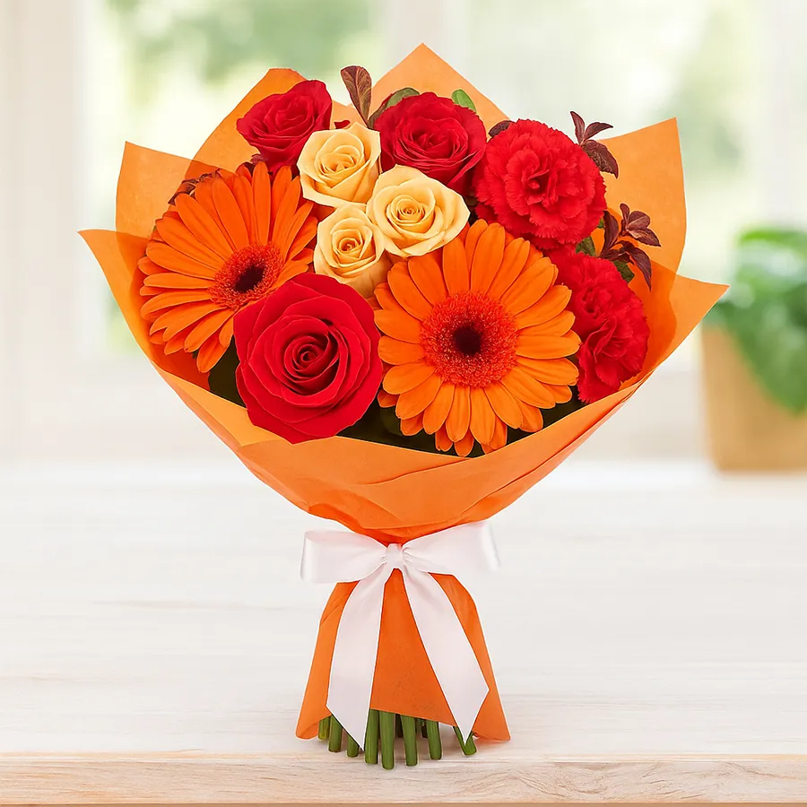 Whimsical Floral Harmony Bunch featuring 5 roses, 3 carnations, and 2 gerberas, beautifully arranged to convey affection.