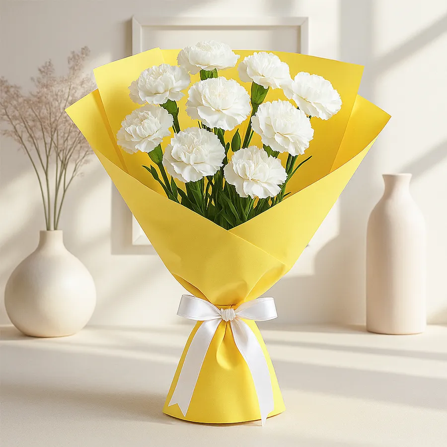15 white carnations beautifully arranged in an elegant bunch.