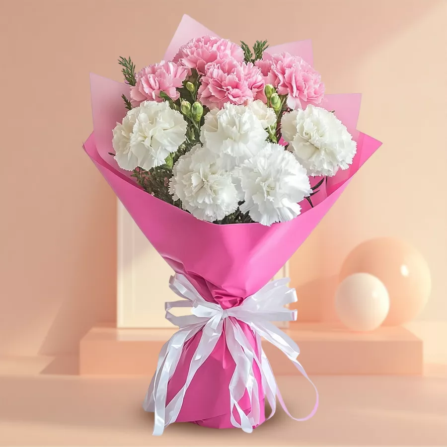 A charming bouquet featuring 5 white and 5 pink carnations, perfect for heartfelt gifting.