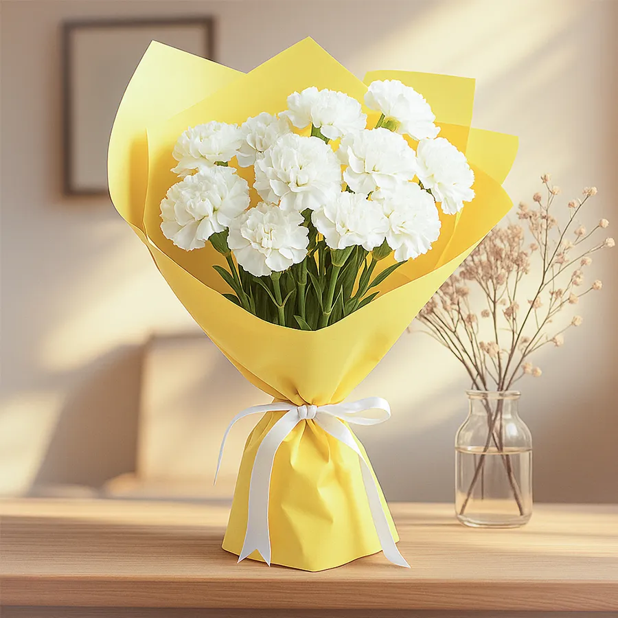Elegant bouquet of twelve white carnations wrapped in tissue for remembrance.