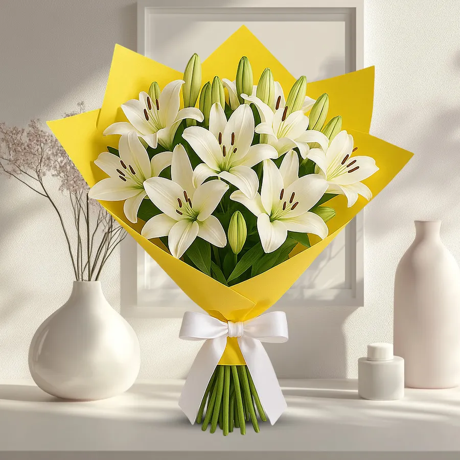 A sympathy bouquet featuring 8 elegant white lilies wrapped in delicate tissue.
