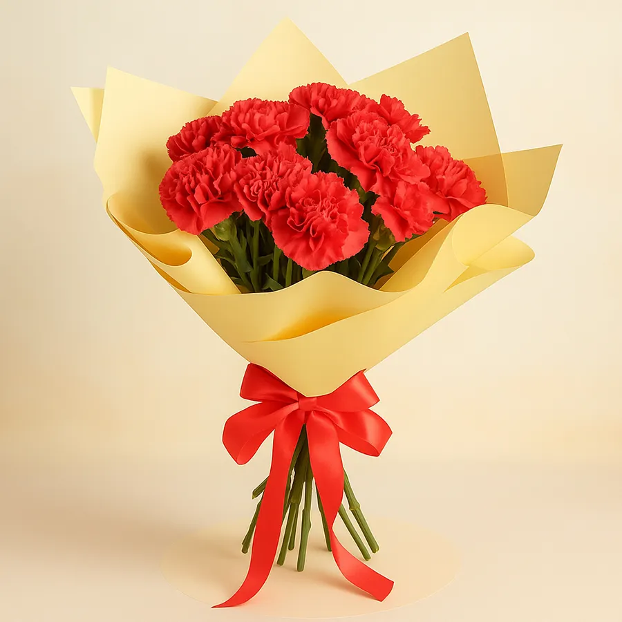 A stunning bouquet featuring 10 vibrant red carnations, symbolizing love and affection.