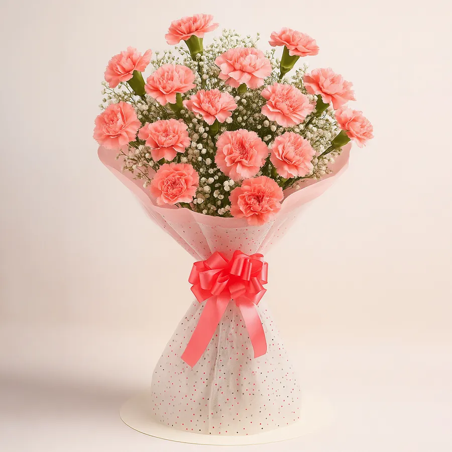 A vibrant bunch of 12 pink carnations, perfect for gifting.