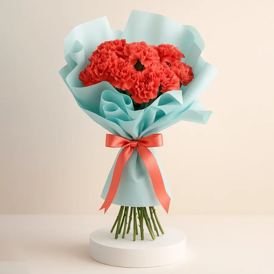 A vibrant bouquet of 12 red carnations, symbolizing love and appreciation.