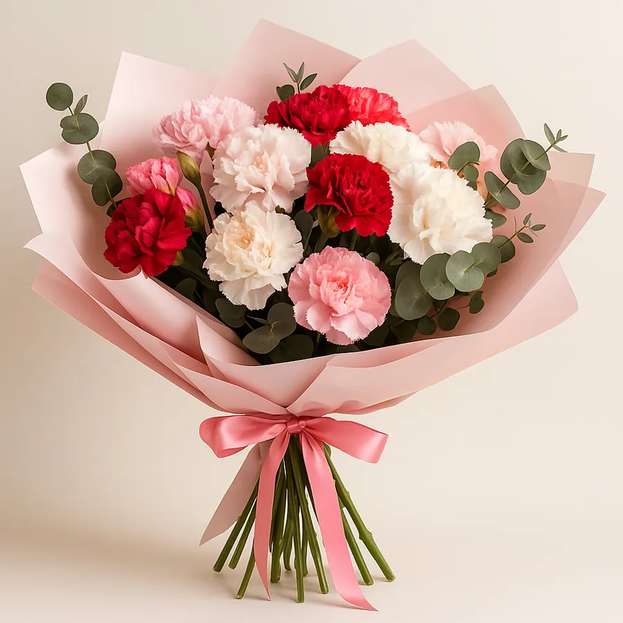 A vibrant bouquet of 15 mixed carnations in various colors, symbolizing love and appreciation for special moments.
