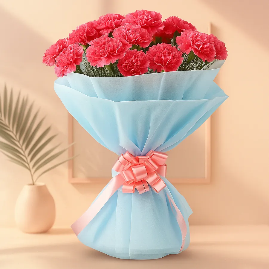 Hand-arranged bouquet featuring 15 vibrant pink carnations, perfect for gifting.