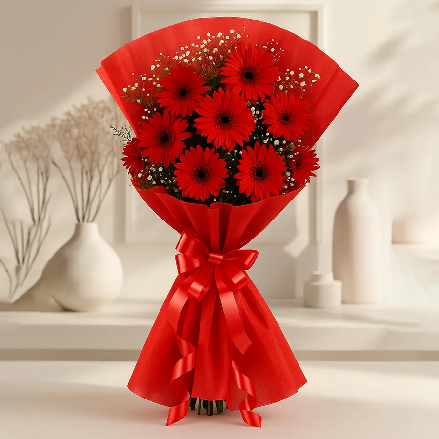 A vibrant bouquet featuring ten stunning red gerberas tied with tissue, perfect for expressing love and appreciation.