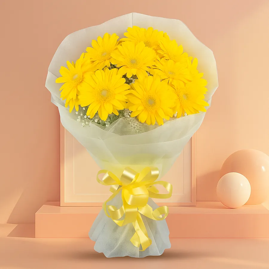 Bouquet featuring 12 yellow gerberas elegantly wrapped in tissue for a cheerful gift.