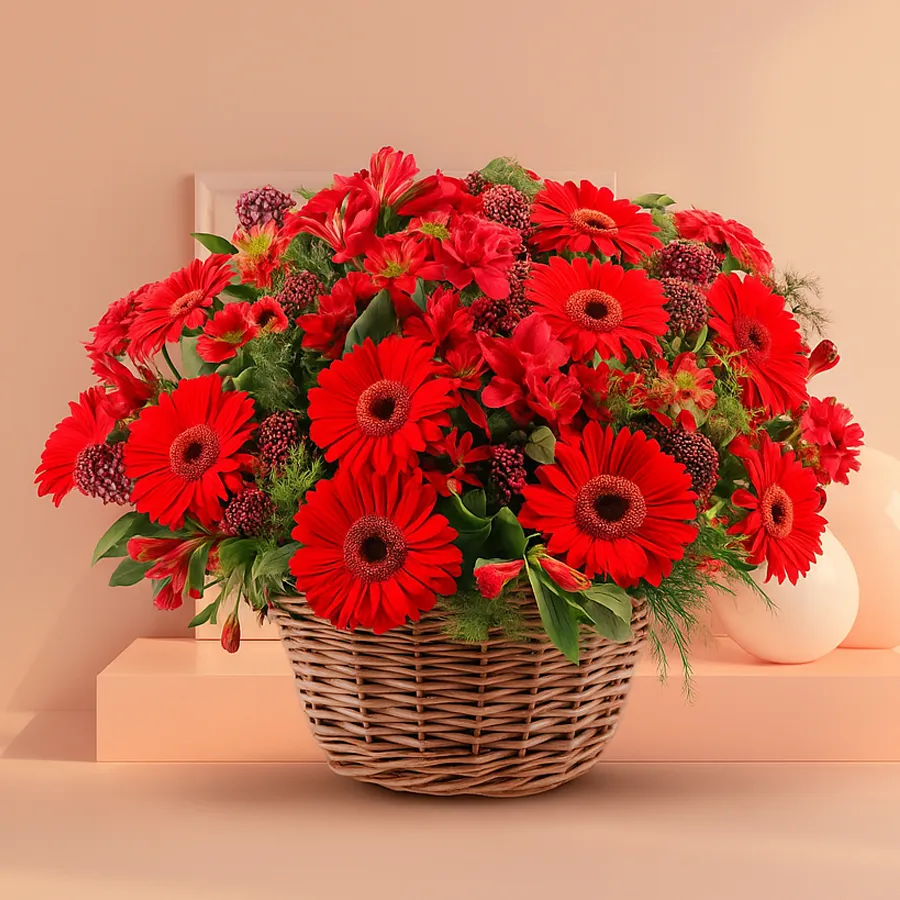A vibrant arrangement of 12 red gerberas, perfect for expressing love and celebration.