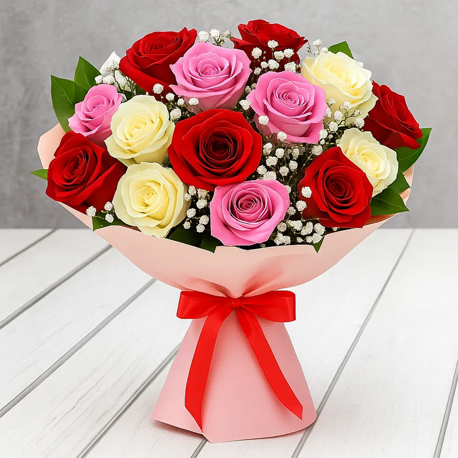 Exquisite Mixed Roses Bouquet with 12 vibrant roses, elegantly wrapped in netting.